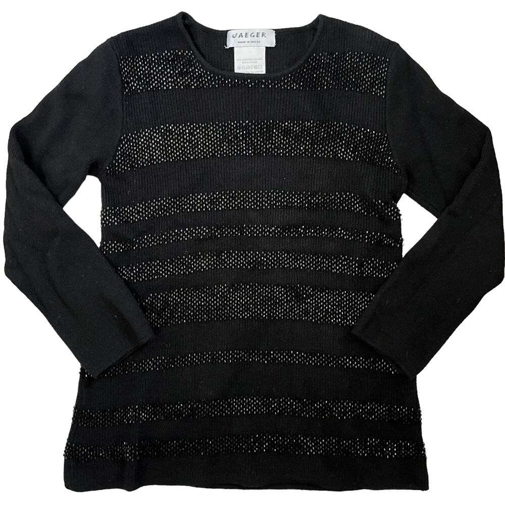 Jaeger London Vintage Black Wool Beaded Stripe Sweater Jumper Womens Size S